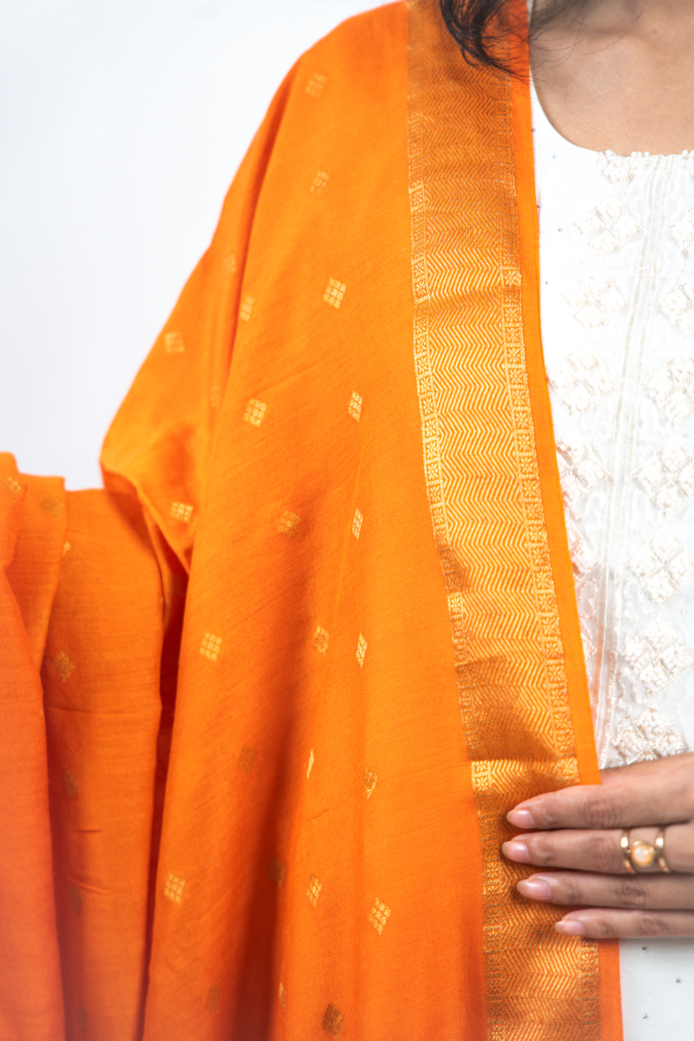 Tangerine Orange Diamond Zari Booti Banarasi Moonga Silk Dupatta