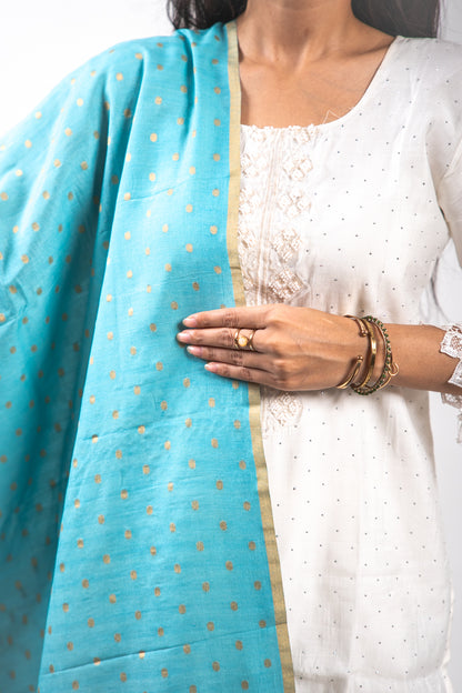 Powder Blue Gold Zari Booti Banarasi Moonga Silk Dupatta