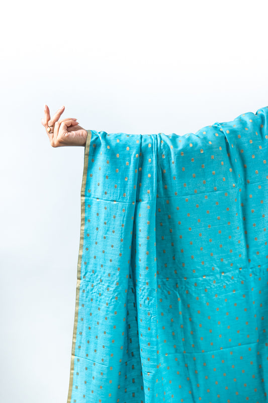 Powder Blue Gold Zari Booti Banarasi Moonga Silk Dupatta