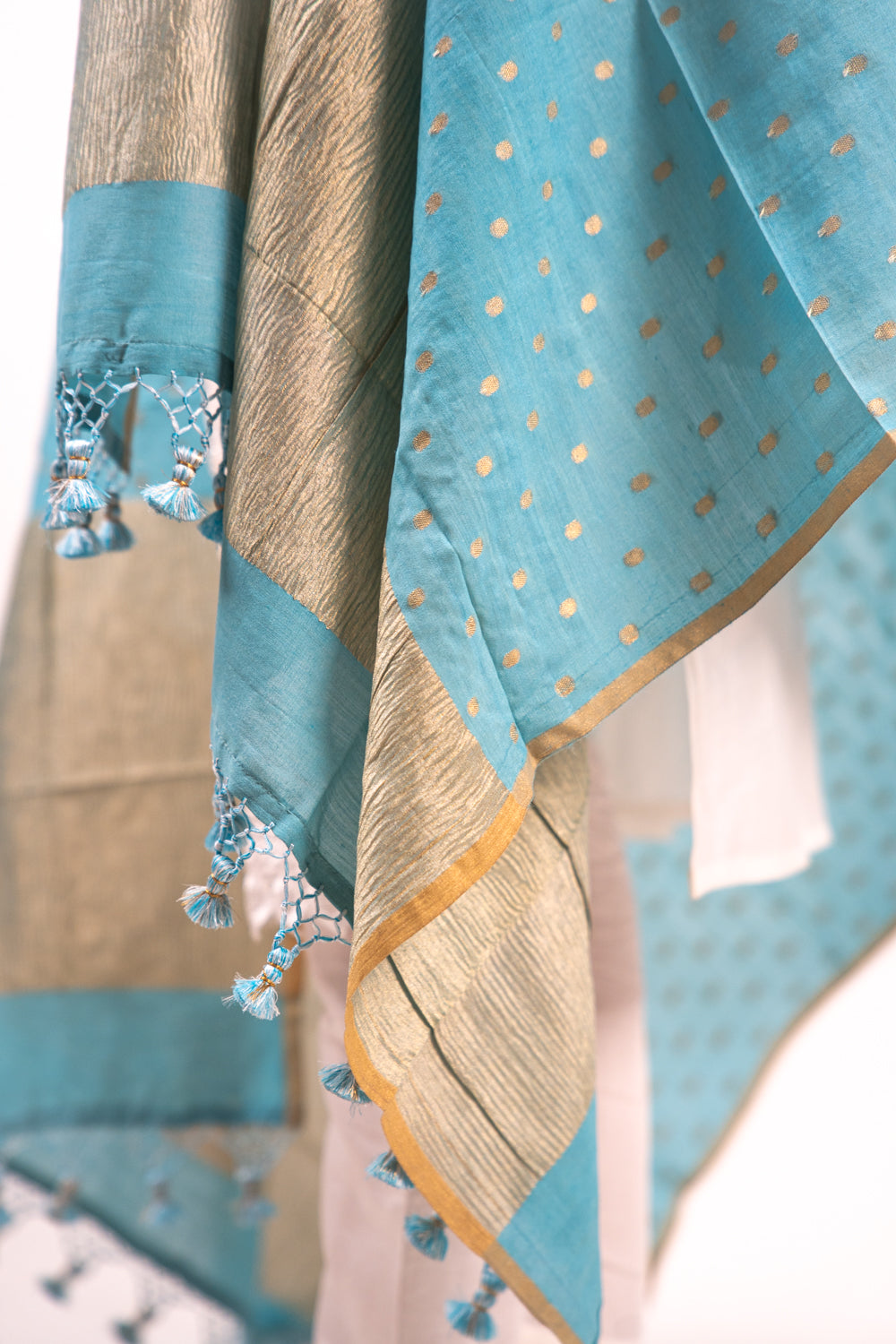 Powder Blue Gold Zari Booti Banarasi Moonga Silk Dupatta