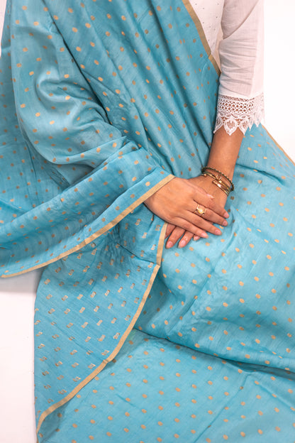 Powder Blue Gold Zari Booti Banarasi Moonga Silk Dupatta