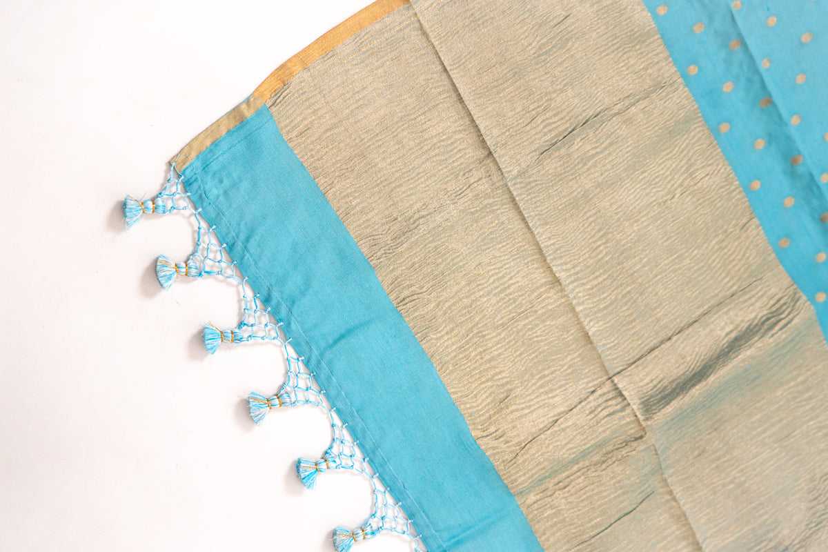 Powder Blue Gold Zari Booti Banarasi Moonga Silk Dupatta