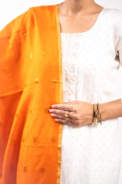 Tangerine Orange Gold Zari Booti Banarasi Moonga Silk Dupatta