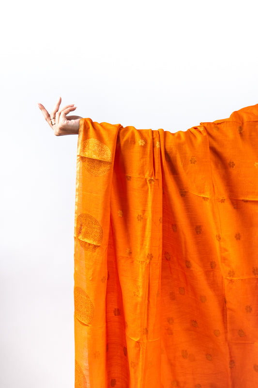 Tangerine Orange Gold Zari Booti Banarasi Moonga Silk Dupatta
