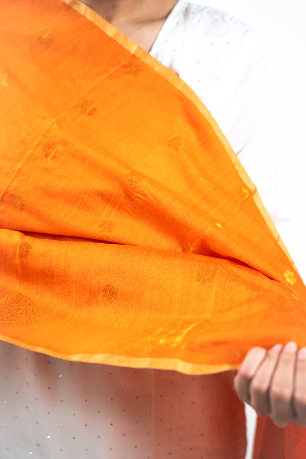 Tangerine Orange Gold Zari Booti Banarasi Moonga Silk Dupatta