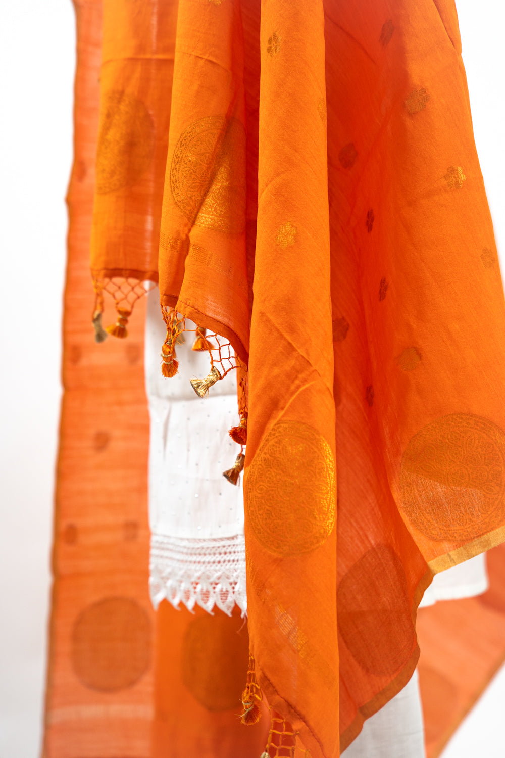 Tangerine Orange Gold Zari Booti Banarasi Moonga Silk Dupatta