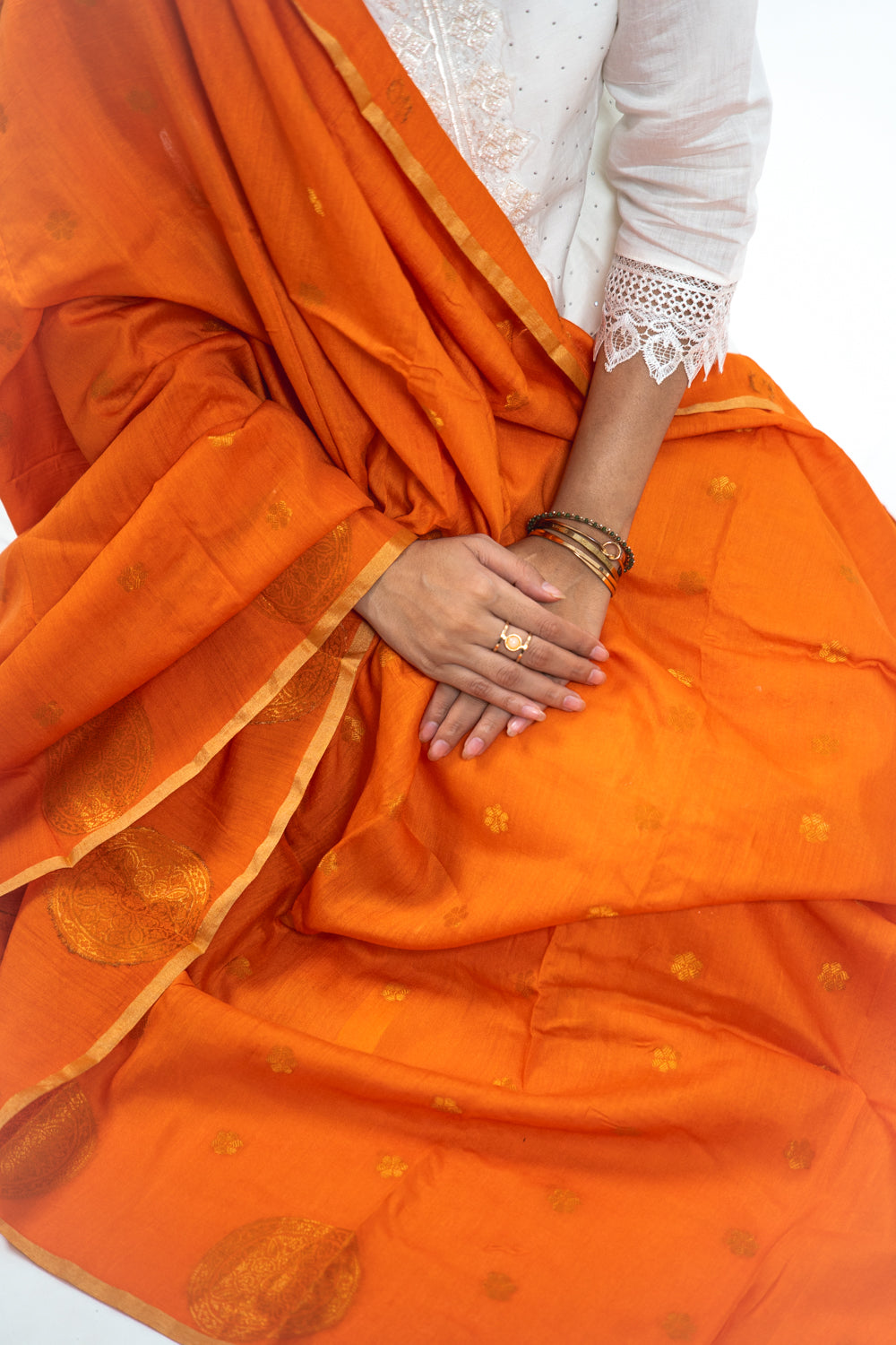 Tangerine Orange Gold Zari Booti Banarasi Moonga Silk Dupatta
