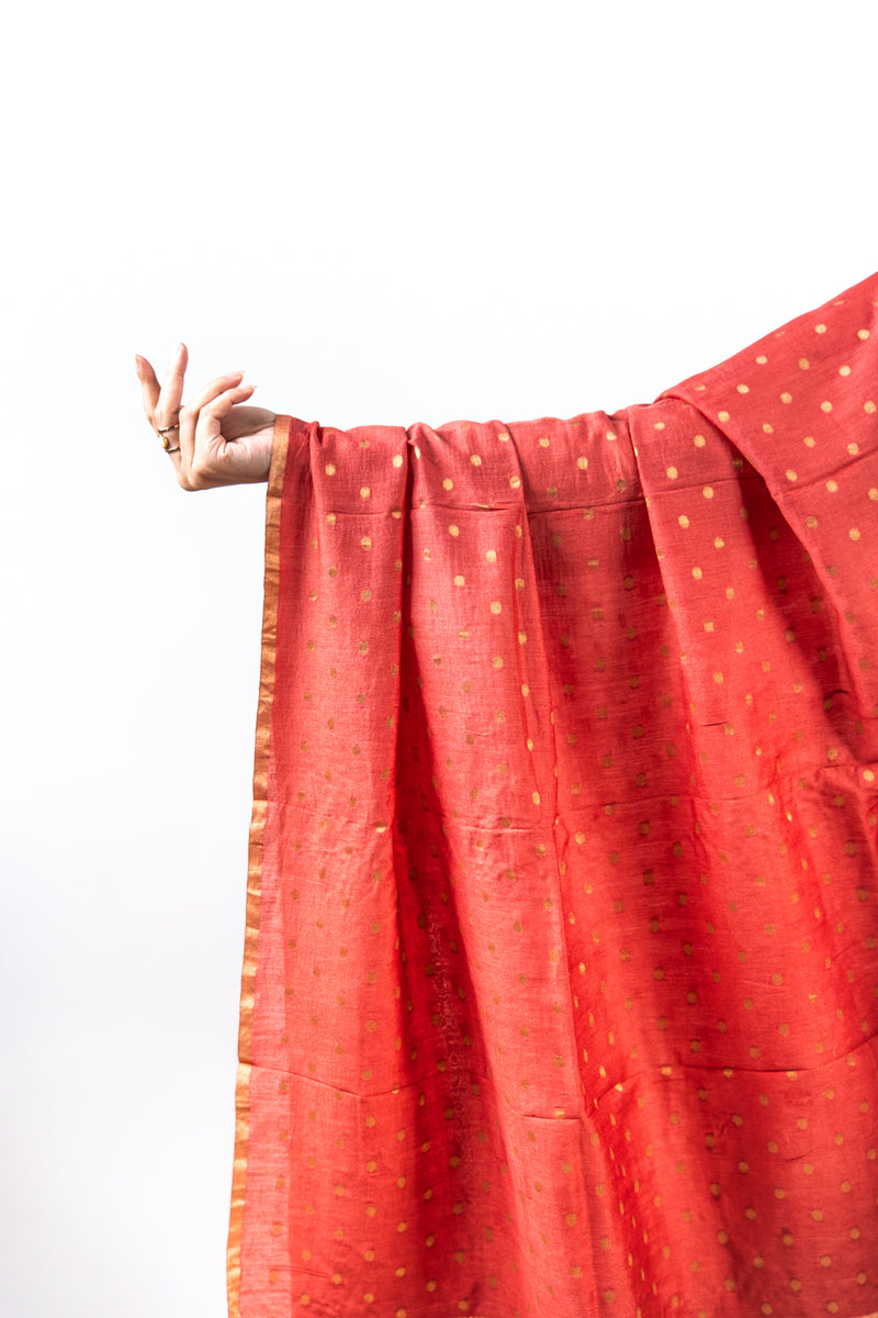 Rust Red Gold Zari Booti Banarasi Moonga Silk Dupatta