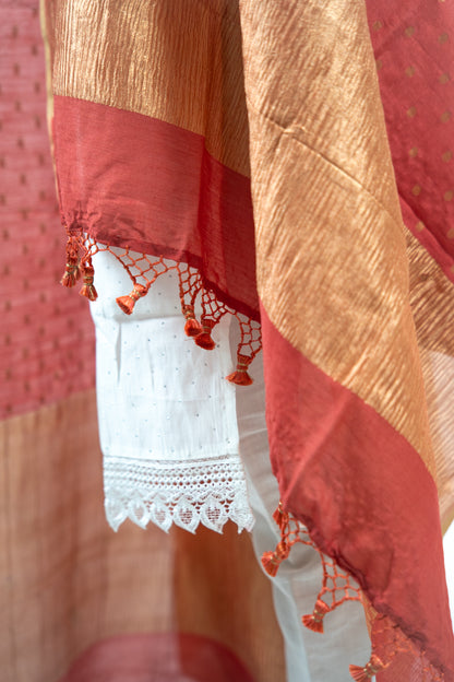 Rust Red Gold Zari Booti Banarasi Moonga Silk Dupatta