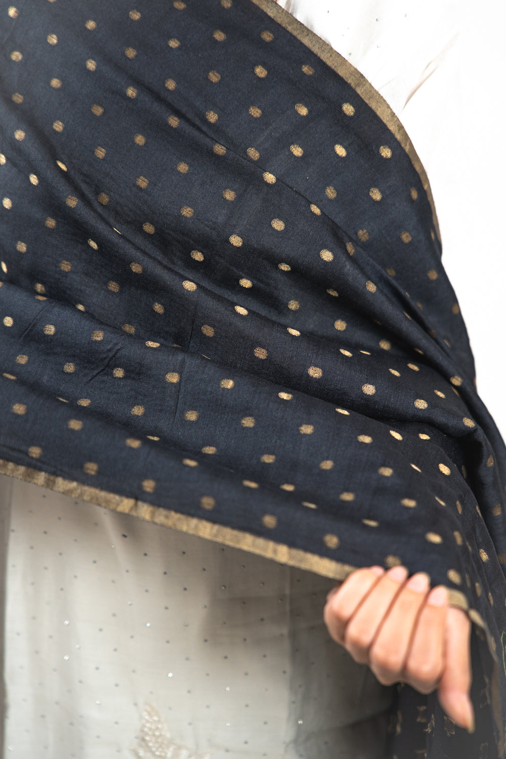 Jet Black Gold Zari Booti Banarasi Moonga Silk Dupatta