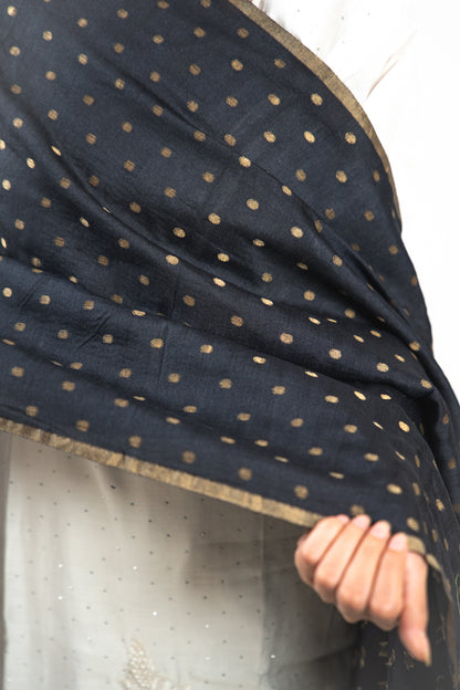 Jet Black Gold Zari Booti Banarasi Moonga Silk Dupatta