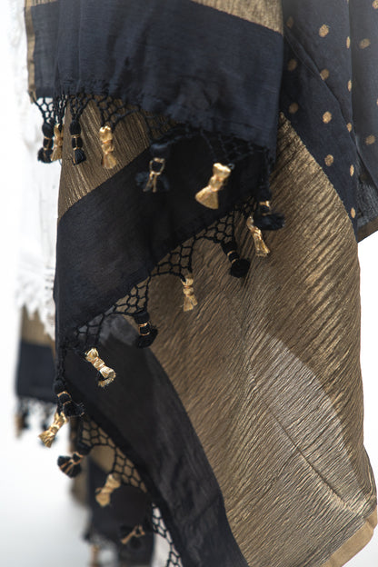 Jet Black Gold Zari Booti Banarasi Moonga Silk Dupatta