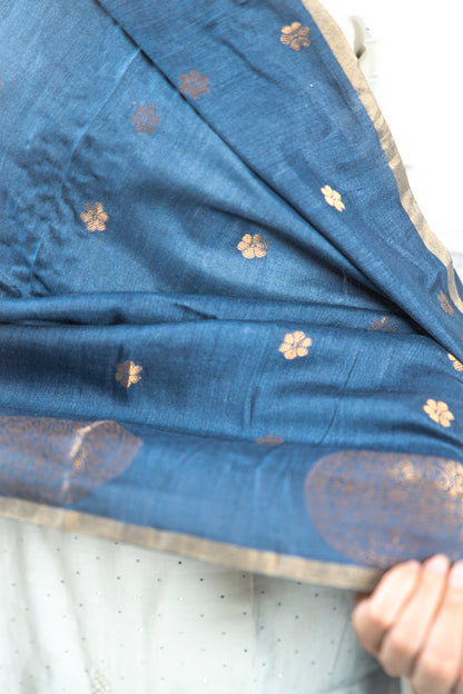 Navy Blue Mandala Zari Banarasi Moonga Silk Dupatta