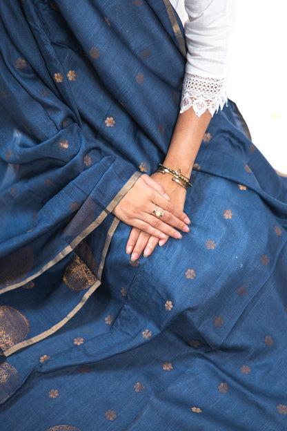 Navy Blue Mandala Zari Banarasi Moonga Silk Dupatta