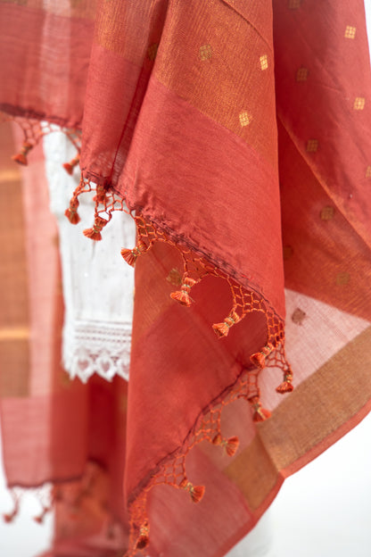 Rust Red Diamond Zari Booti Banarasi Moonga Silk Dupatta