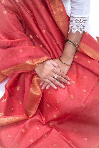 Rust Red Diamond Zari Booti Banarasi Moonga Silk Dupatta