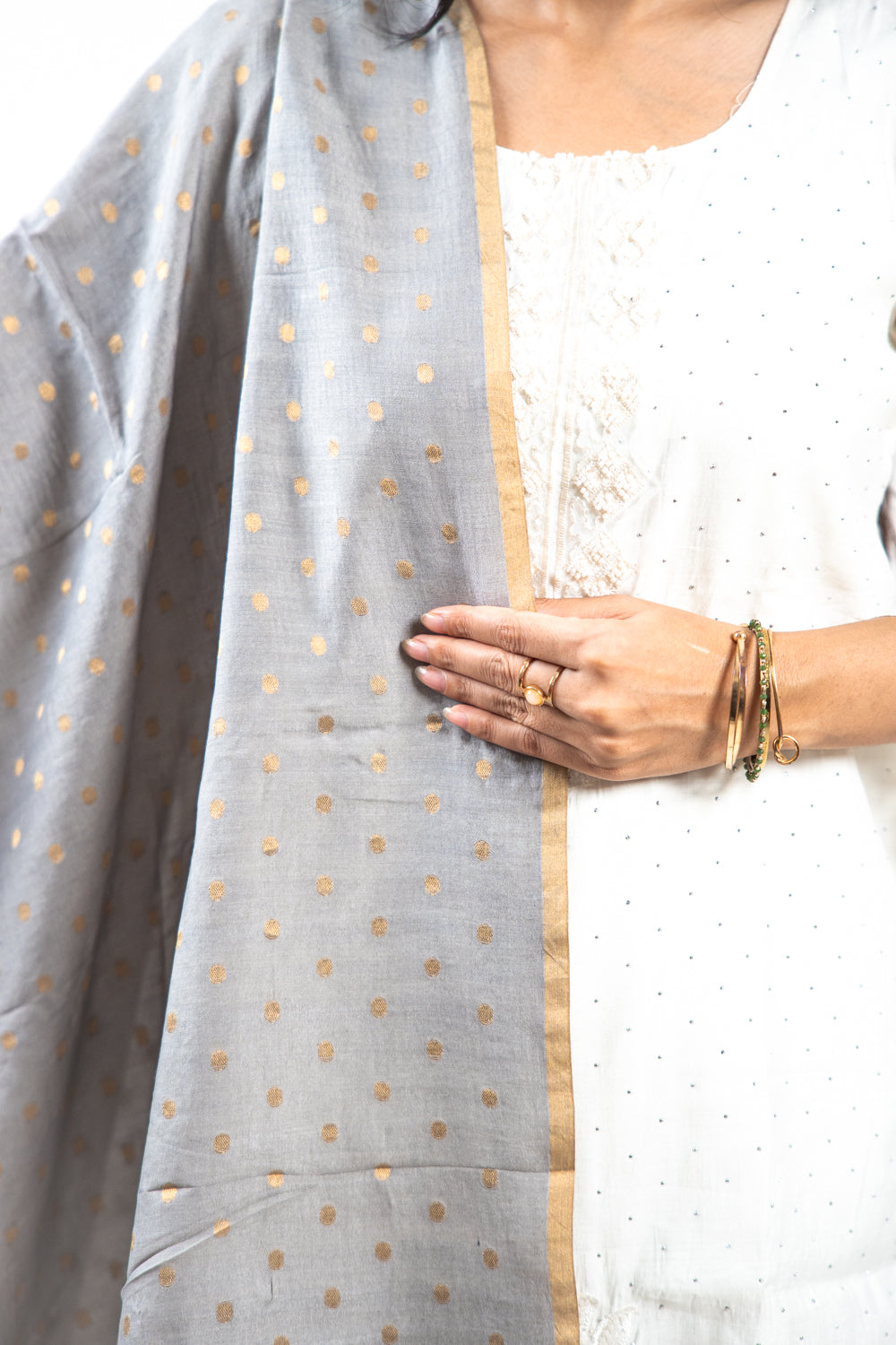 Charcoal Grey Gold Zari Booti Banarasi Moonga Silk Dupatta