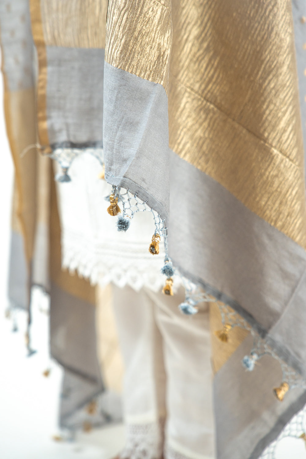 Charcoal Grey Gold Zari Booti Banarasi Moonga Silk Dupatta