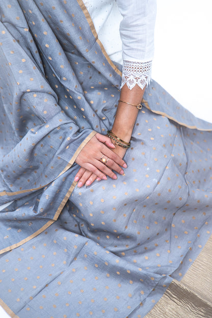 Charcoal Grey Gold Zari Booti Banarasi Moonga Silk Dupatta