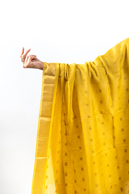 Yellow Diamond Zari Booti Banarasi Moonga Silk Dupatta