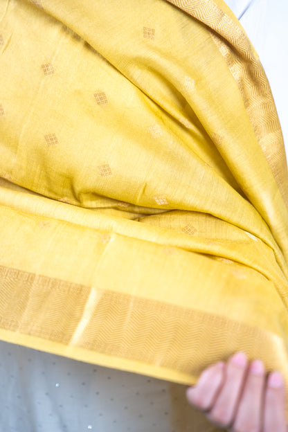 Yellow Diamond Zari Booti Banarasi Moonga Silk Dupatta
