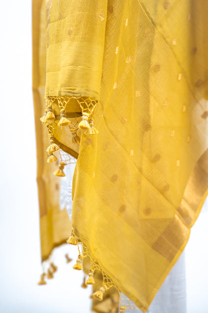 Yellow Diamond Zari Booti Banarasi Moonga Silk Dupatta