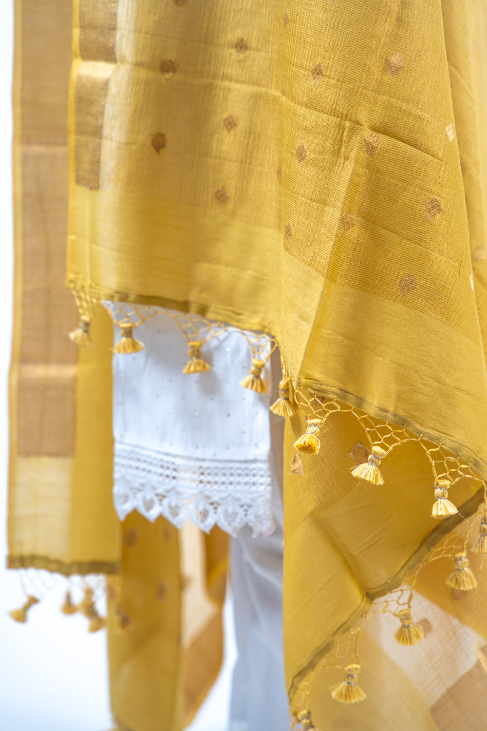 Yellow Diamond Zari Booti Banarasi Moonga Silk Dupatta