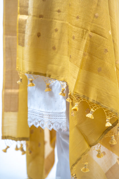 Yellow Diamond Zari Booti Banarasi Moonga Silk Dupatta