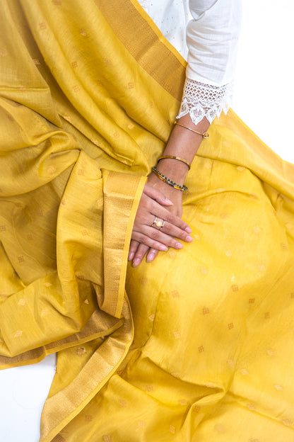 Yellow Diamond Zari Booti Banarasi Moonga Silk Dupatta