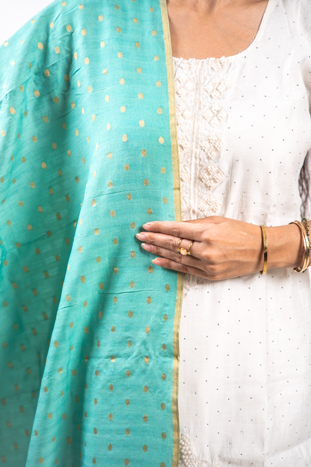 Sea Green Gold Zari Booti Banarasi Moonga Silk Dupatta