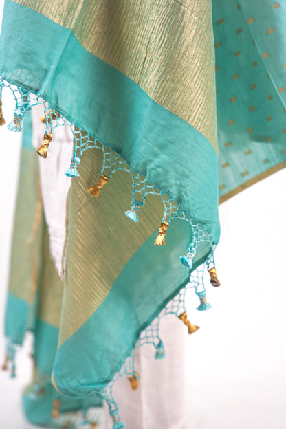 Sea Green Gold Zari Booti Banarasi Moonga Silk Dupatta