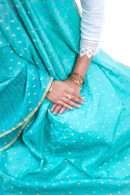 Sea Green Gold Zari Booti Banarasi Moonga Silk Dupatta