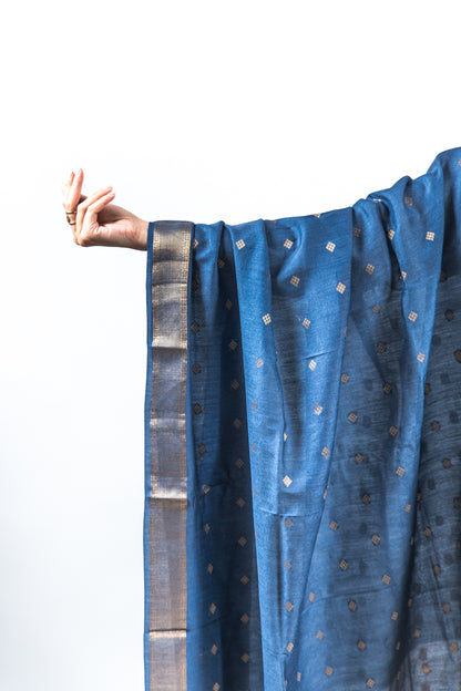 Navy Blue Diamond Zari Booti Banarasi Moonga Silk Dupatta