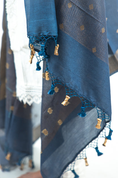 Navy Blue Diamond Zari Booti Banarasi Moonga Silk Dupatta