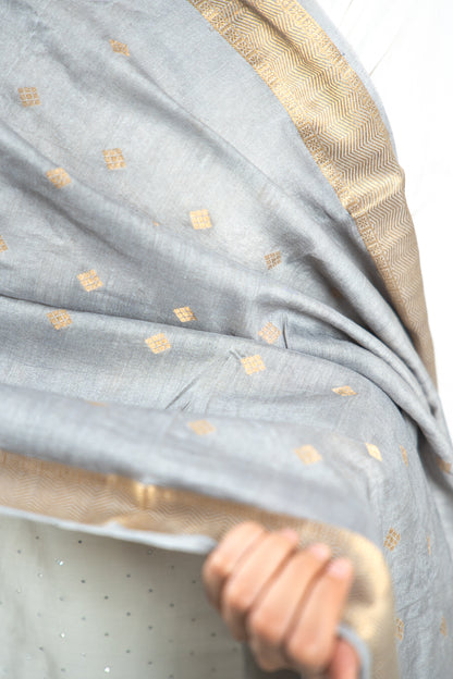 Charcoal Grey Diamond Zari Booti Banarasi Moonga Silk Dupatta