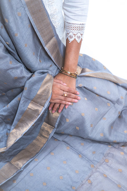 Steel Grey Diamond Zari Booti Banarasi Moonga Silk Dupatta