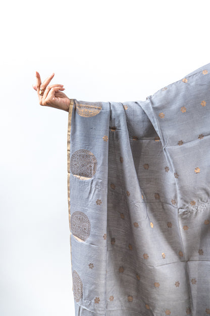 Charcoal Grey Mandala Zari Banarasi Moonga Silk Dupatta