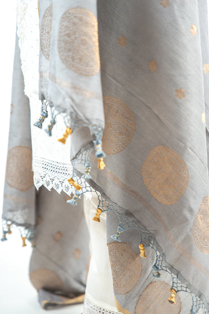 Charcoal Grey Mandala Zari Banarasi Moonga Silk Dupatta