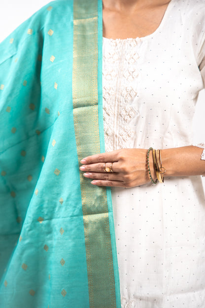 Turquoise Diamond Zari Booti Banarasi Moonga Silk Dupatta