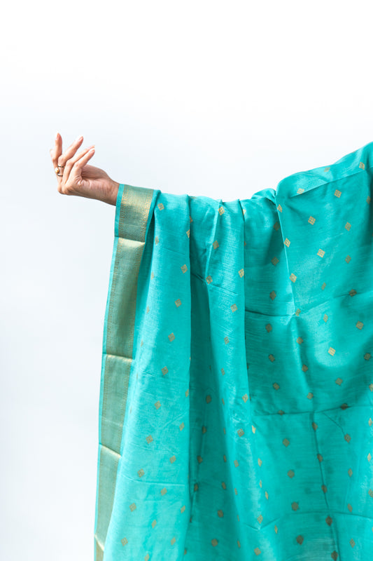 Turquoise Diamond Zari Booti Banarasi Moonga Silk Dupatta
