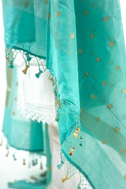 Turquoise Diamond Zari Booti Banarasi Moonga Silk Dupatta