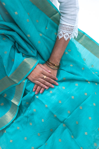 Turquoise Diamond Zari Booti Banarasi Moonga Silk Dupatta