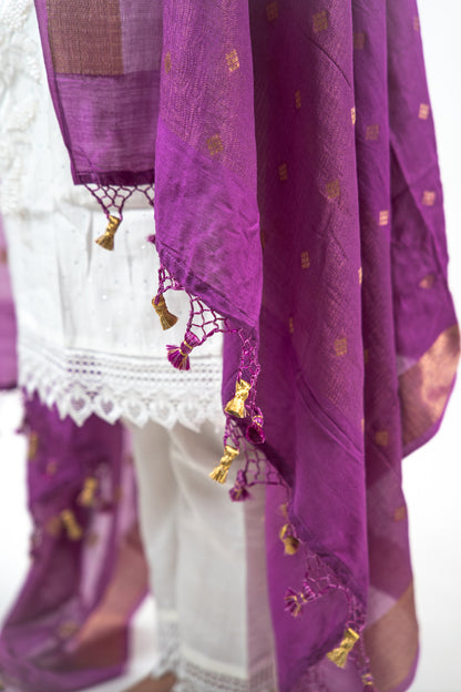 Plum Diamond Zari Booti Banarasi Moonga Silk Dupatta