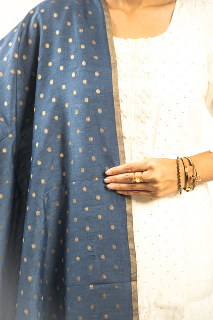 Midnight Blue Gold Zari Booti Banarasi Moonga Silk Dupatta
