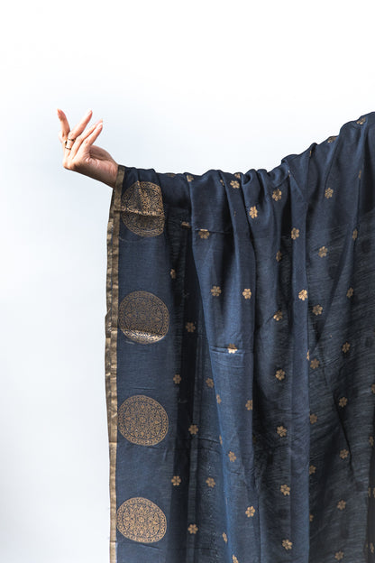 Jet Black Mandala Zari Banarasi Moonga Silk Dupatta