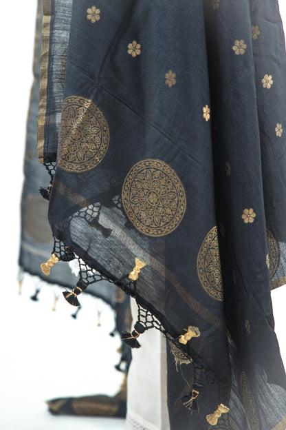 Jet Black Mandala Zari Banarasi Moonga Silk Dupatta