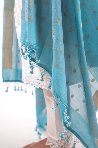 Sky Blue Diamond Zari Booti Banarasi Moonga Silk Dupatta