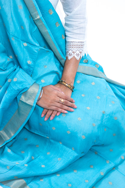 Sky Blue Diamond Zari Booti Banarasi Moonga Silk Dupatta