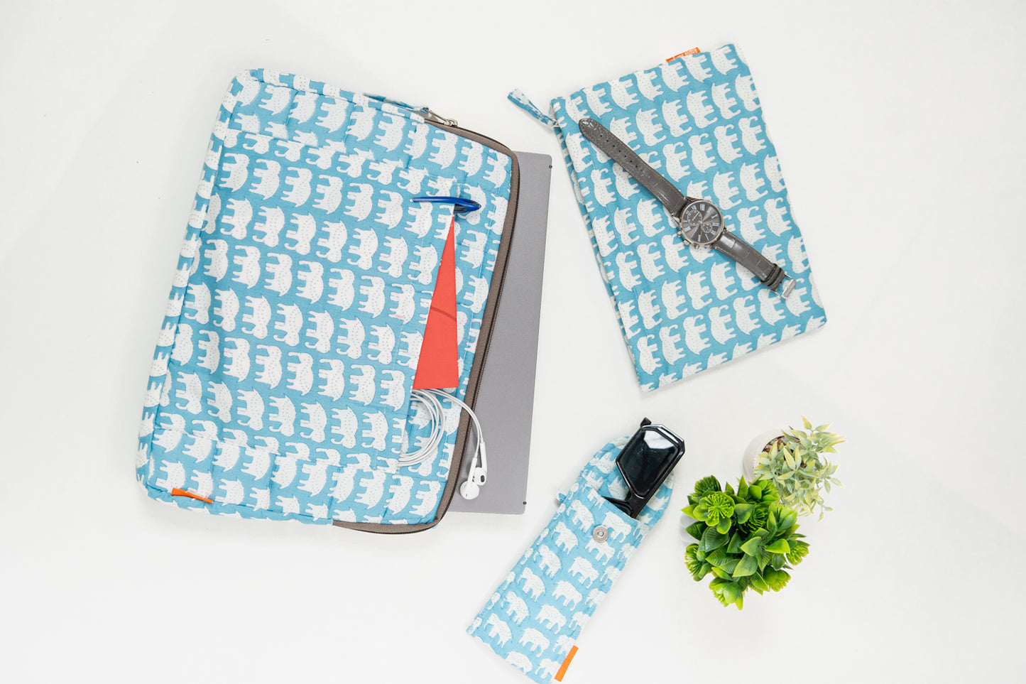 Sky Blue Elephant Print 3-Piece Laptop Bag Set