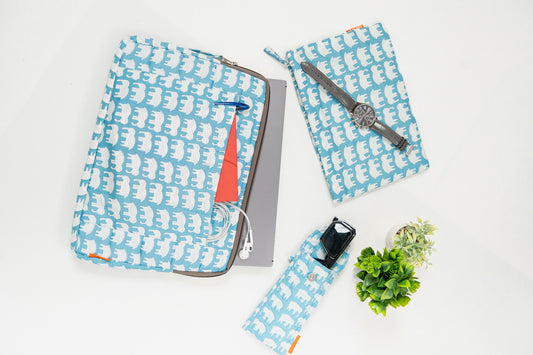 Sky Blue Elephant Print 3-Piece Laptop Bag Set